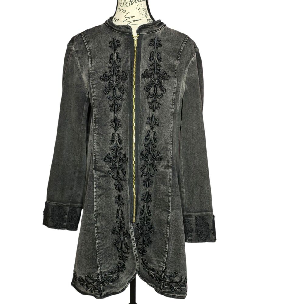 C&C California grey denim lace zip-up embroidered coat jacket goth M